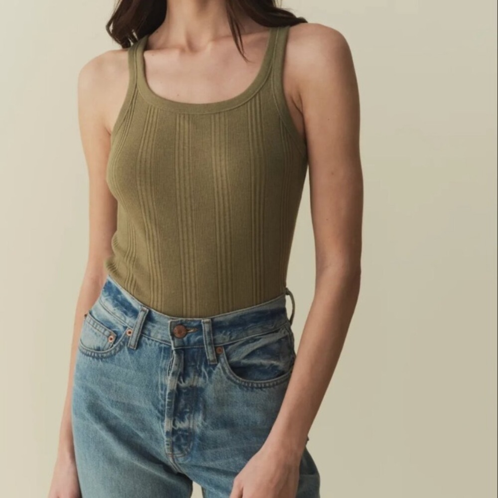 Doen Seine Cotton Cashmere Ribbed Sleeveless Tank Cami Top Pasture Olive Green - Picture 4 of 9